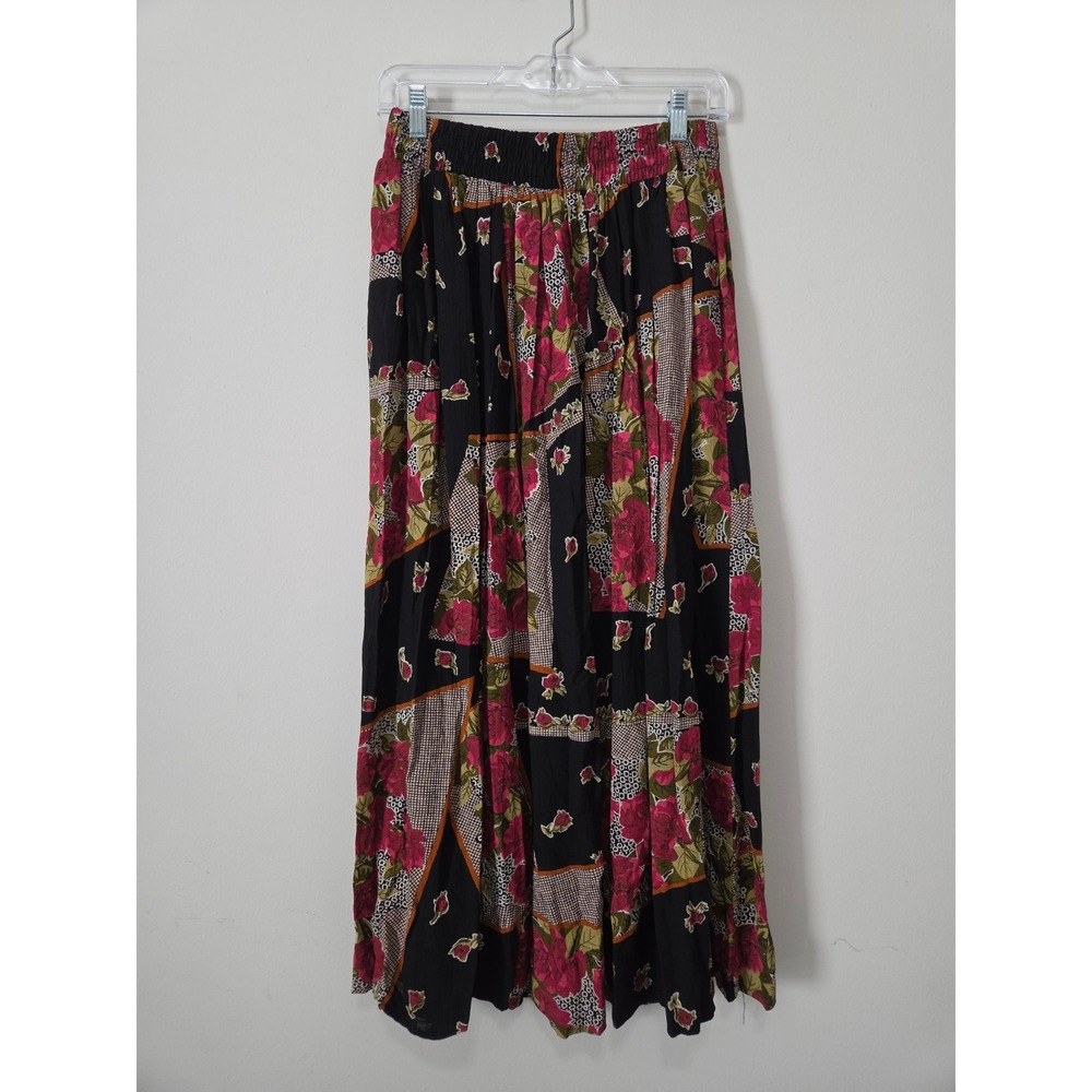 Studio Michelle Stuart Vintage 90s Floral Patchwork Maxi Skirt Blck Pink Rayon M